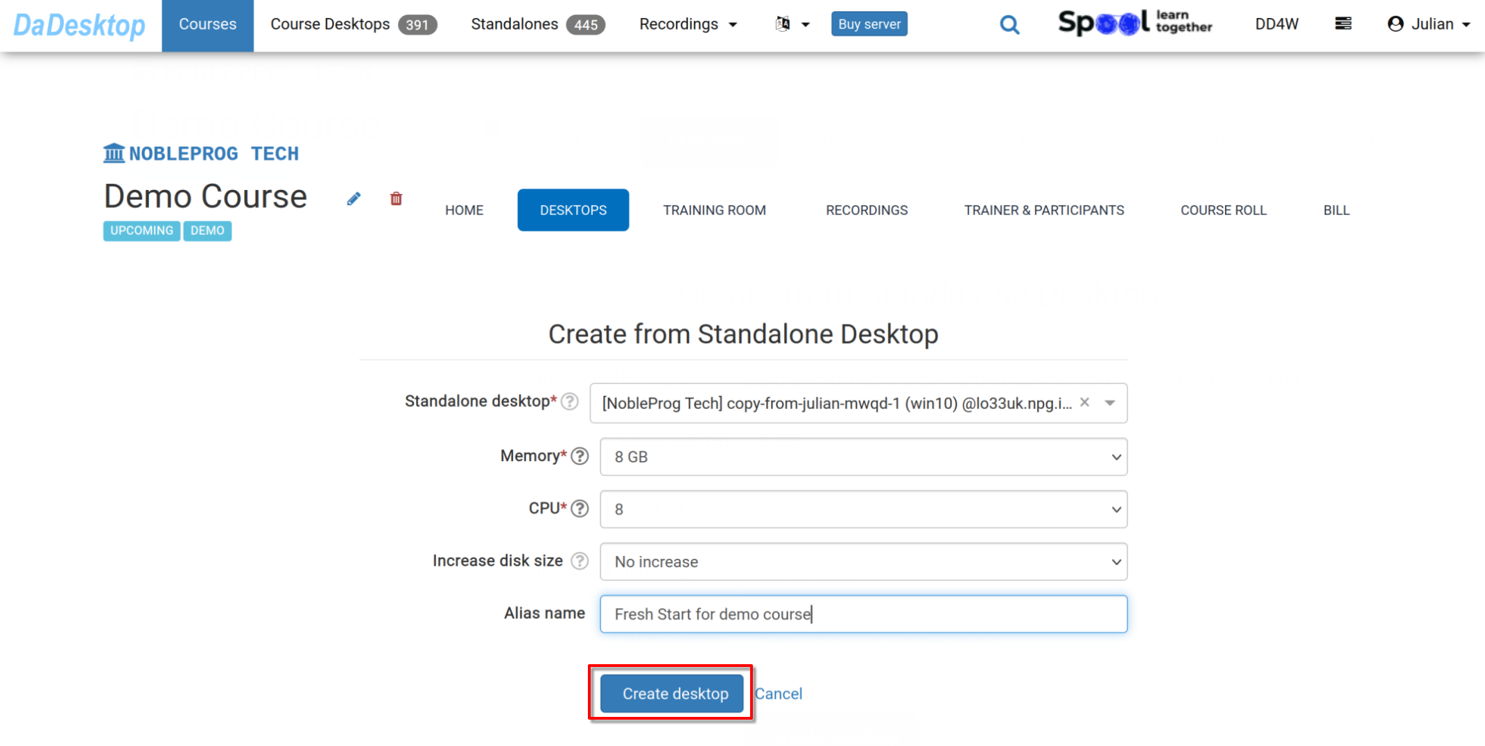 Creare din Standalone, modificare CPU, memorie, spațiu pe disc