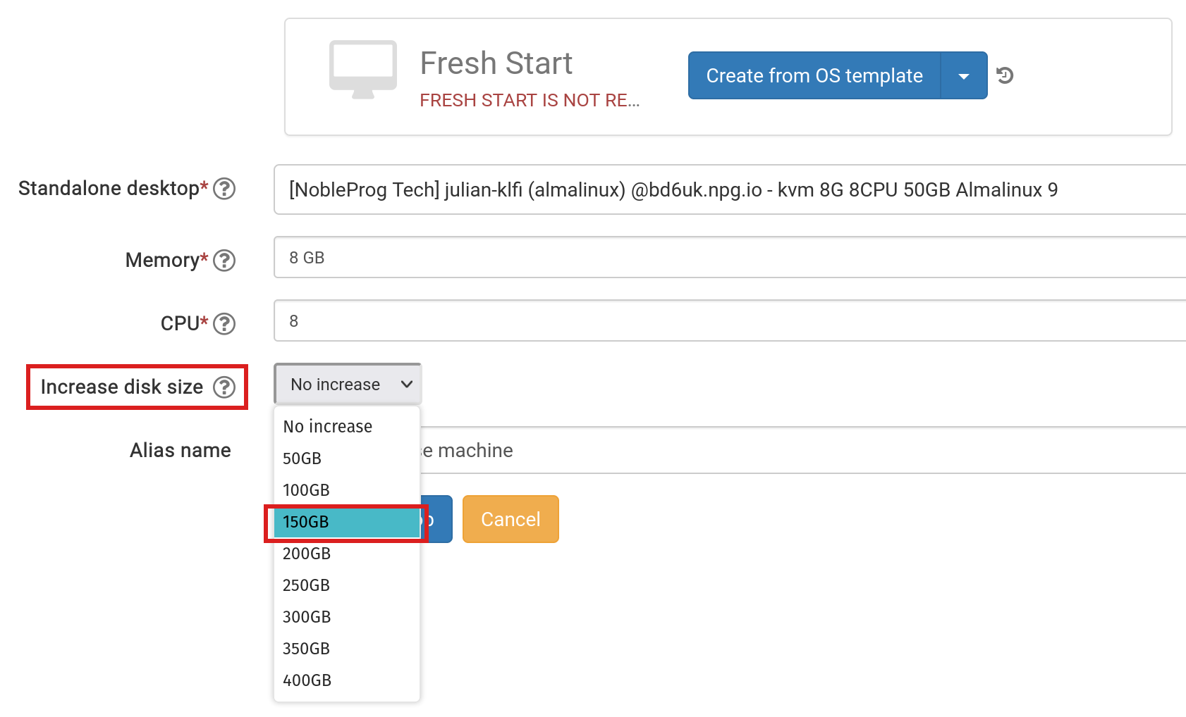 Creați Freshh Start din Standalone, alegeți modificarea dimensiunii discului