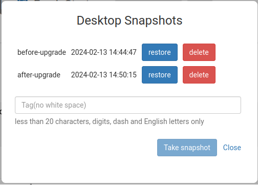 Lista de restaurare din dialogul snapshot-urilor