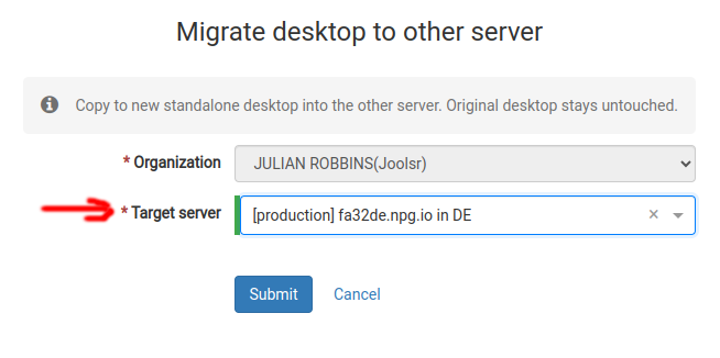 Copiere/Mutare desktop pe alt server - Formularul